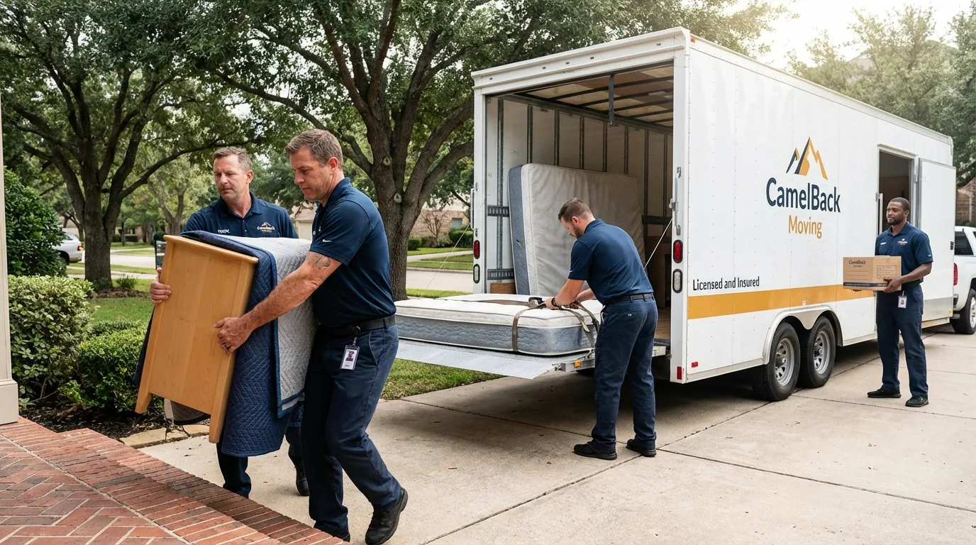 Crew loading residential truck for cross-state move from Victoria, MN