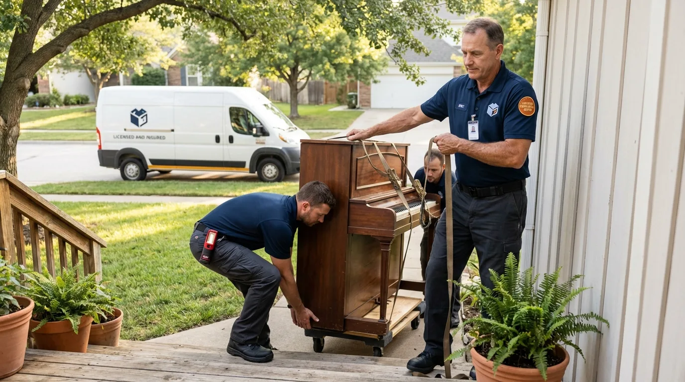 Licensed piano movers securing grand piano in Victoria, MN