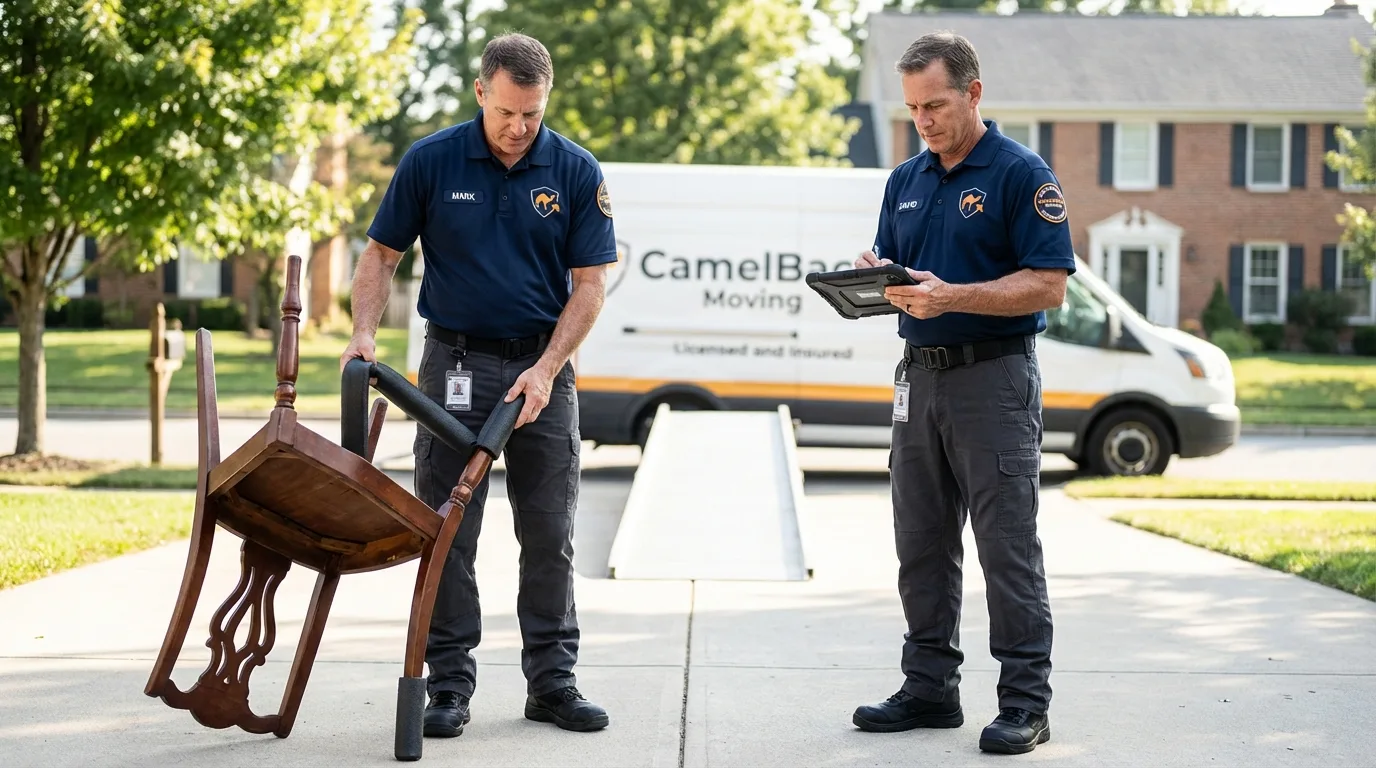 Movers inspecting furniture for damage prevention before loading in Victoria, MN
