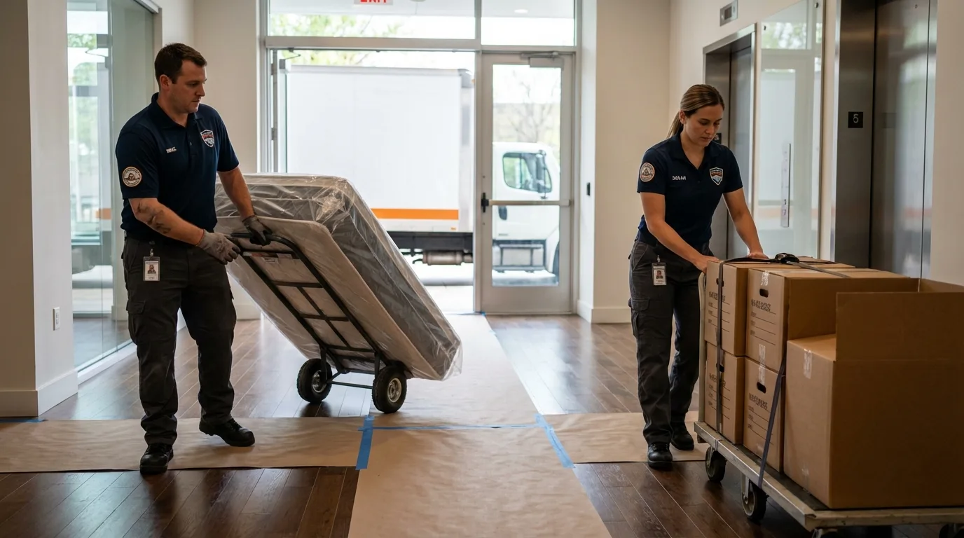 Professional apartment movers loading elevator in Victoria, MN