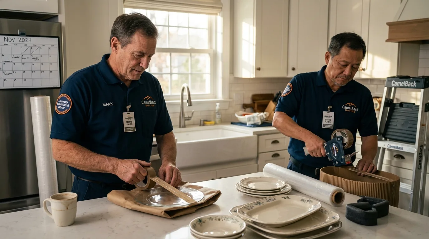Professional crew packing kitchen dishware in Victoria, MN
